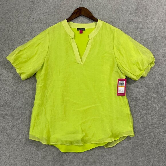 NEW Vince Camuto Womens S Split-Neck Quarter Puff Sleeve Island Lime Blouse - Picture 1 of 6